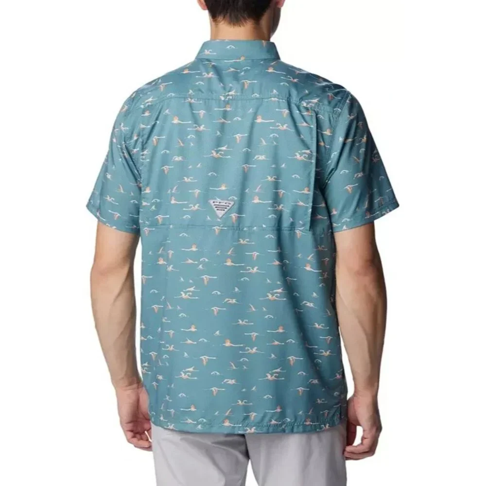 Columbia Mens PFG Super Slack Tide Short Sleeve Shirt Teal Tailfins Print Medium